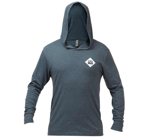 Hustle Hooded T-Shirt in Denim, front view. @Denim-1