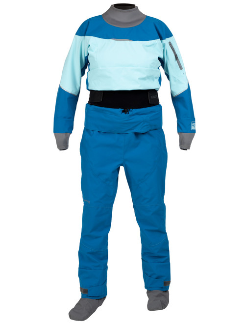 Idol Dry Suit (GORE-TEX Pro) with SwitchZip Technology - Women's in Ice, front view. @Ice-1