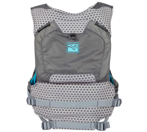 Leviathan Life Vest - women's in Gray, back view. @Gray-2
