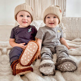 Baby boys wear Cozy Shein Snap Booties Camel Brown and Grey