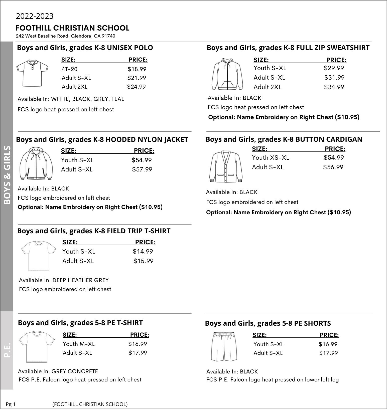 Uniform List Foothill Christian Uniforms