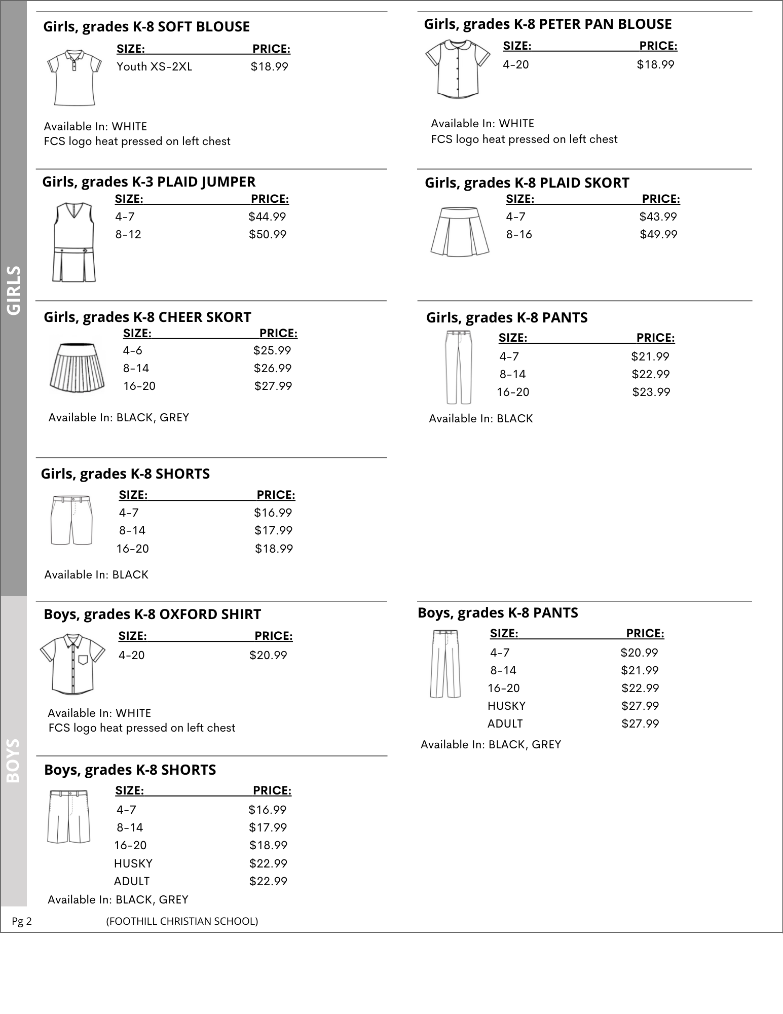 Uniform List Foothill Christian Uniforms