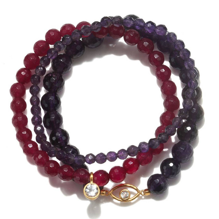 Amethyst Evil Eye Bracelet Set
Trust in your spiritual guardians. The stone of creativity, good fortune and focus create a stretch bracelet trio to be worn singularly or as a set.
18k gold plate evil eye pendants protect your journey and ward off negativity.
Size: 7'' x 7 1/4''.