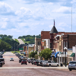 View of main street with store fronts in Marysville, Kansas
