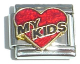 My Kids Red Heart Black Letters Italian Charm
