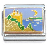 Castle Near Water on Hill with Moon Italian Charm