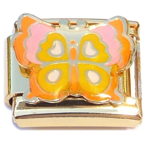 Pink Orange Butterfly Gold Base Italian Charm