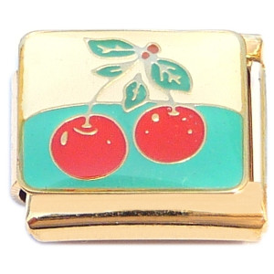Cherries Aqua Goldtone Base Italian Charm Cherries Aqua Goldtone Base Italian Charm