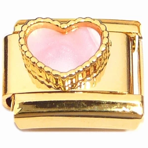 Beaded Pink Heart on Gold Base Italian Charm