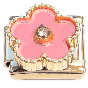 Pink Flower Fringed Gold Base Italian Charm