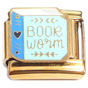 Book Worm Light Blue Gold Base Italian Charm