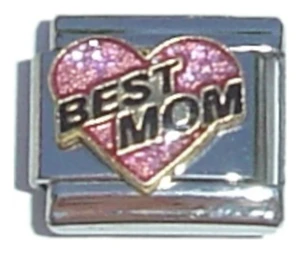 Best Mom Pink Heart Black Letters Italian Charm