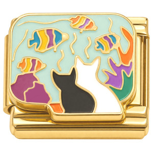 Cats Watching Fish Gold Italian Charm