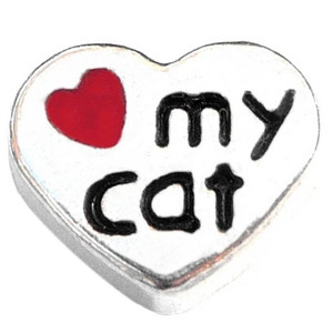 Love My Cat Silvertone Heart Floating Locket Charm