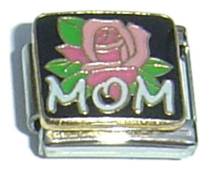 Mom With Pink Flower On Black Italian Charm