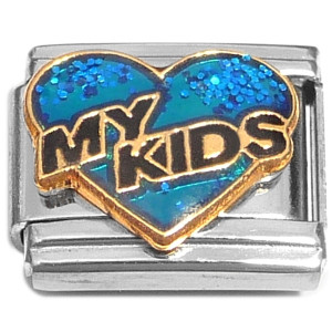 My Kids Blue Heart Black Letters Italian Charm