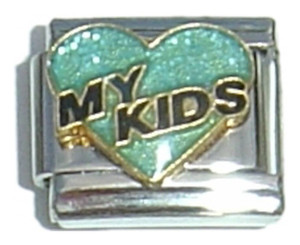 My Kids Green Heart Black Letters Italian Charm My Kids Green Heart Black Letters Italian Charm