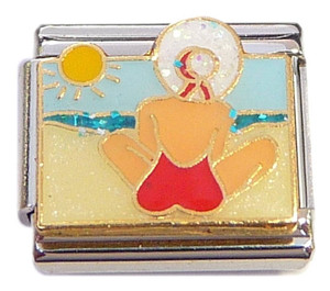 Woman In Red Bathing Suit Yellow Sun Italian Charm