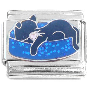 Black Cat Blue Bed Italian Charm