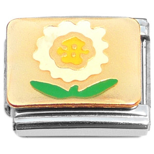 White Flower Gold Center Green Leaves Italian Charm