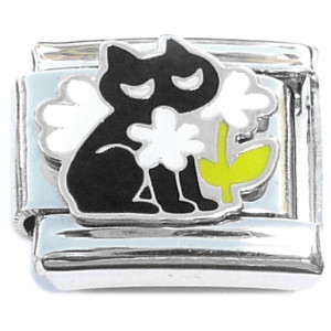 Black Cat White Flowers Italian Charm