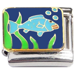 Blue Fish Swimming Bubbles Italian Charm