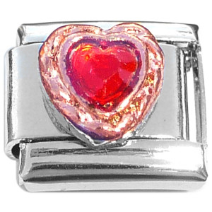 Red Bling Heart Rosegold Trim Italian Charm Red Bling Heart Rosegold Trim Italian Charm