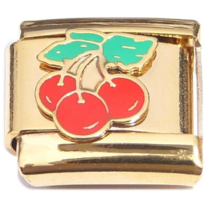 Three Cherries Fruit Goldtone Base Italian Charm Three Cherries Fruit Goldtone Base Italian Charm