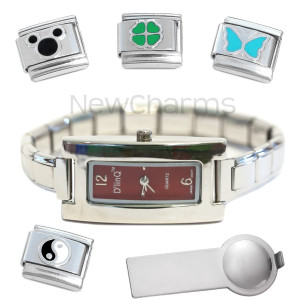 Set Including Long Red Watch and 4 Enamel Charms Plus Charm Tool