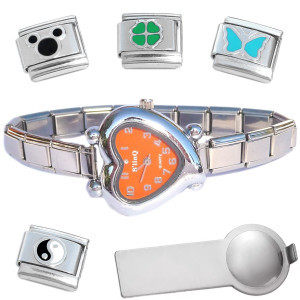 Set Including Orange Heart Watch and 4 Enamel Charms Plus Charm Tool