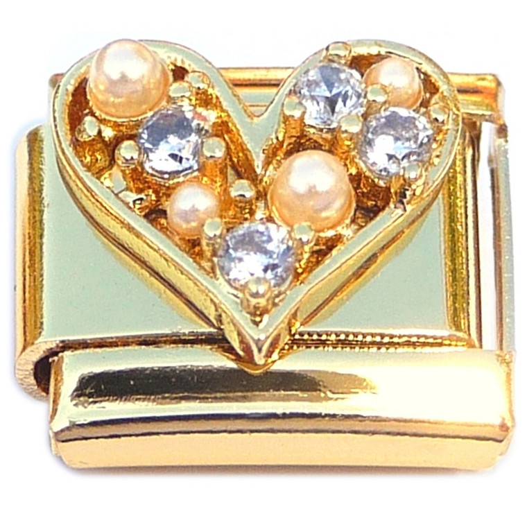 Pearly Bling Heart Gold Base Italian Charm