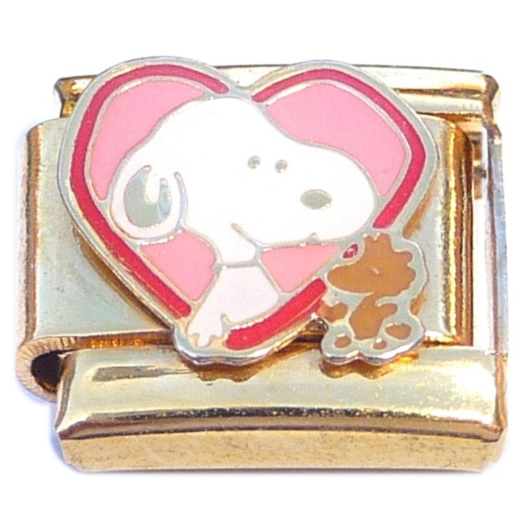 Pink Heart Snoopy Woodstock Gold Base Italian Charm