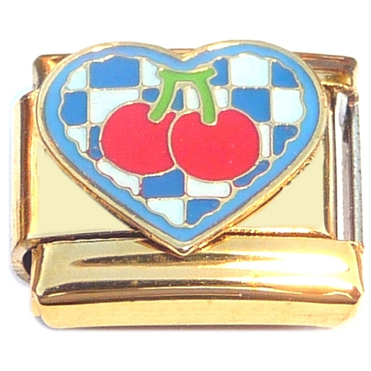 Cherries Checkered Heart Gold Base Italian Charm