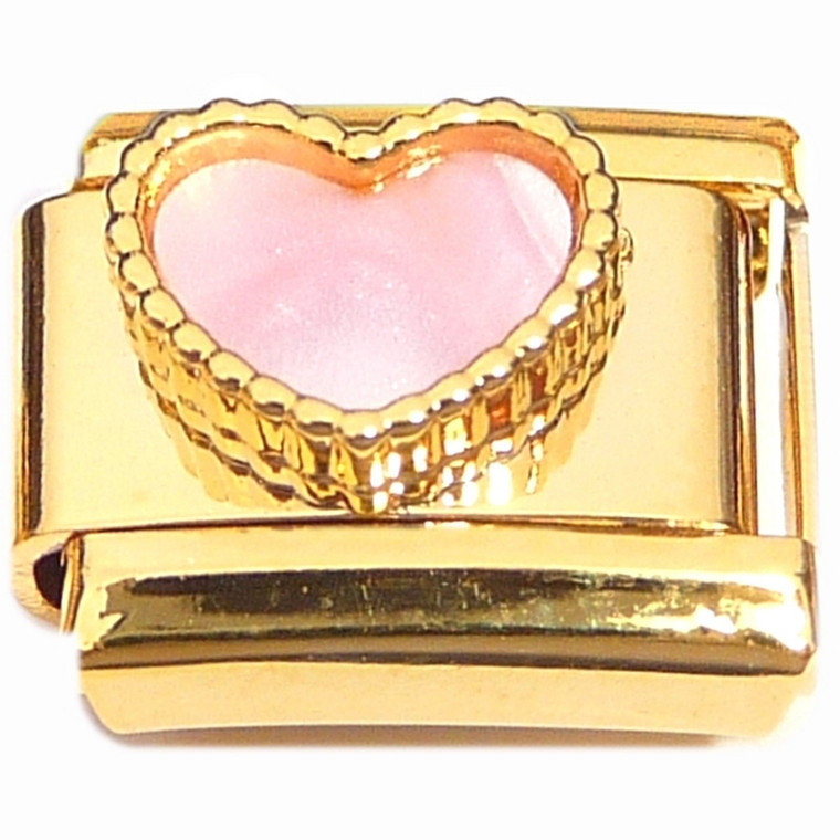 Beaded Pink Heart on Gold Base Italian Charm