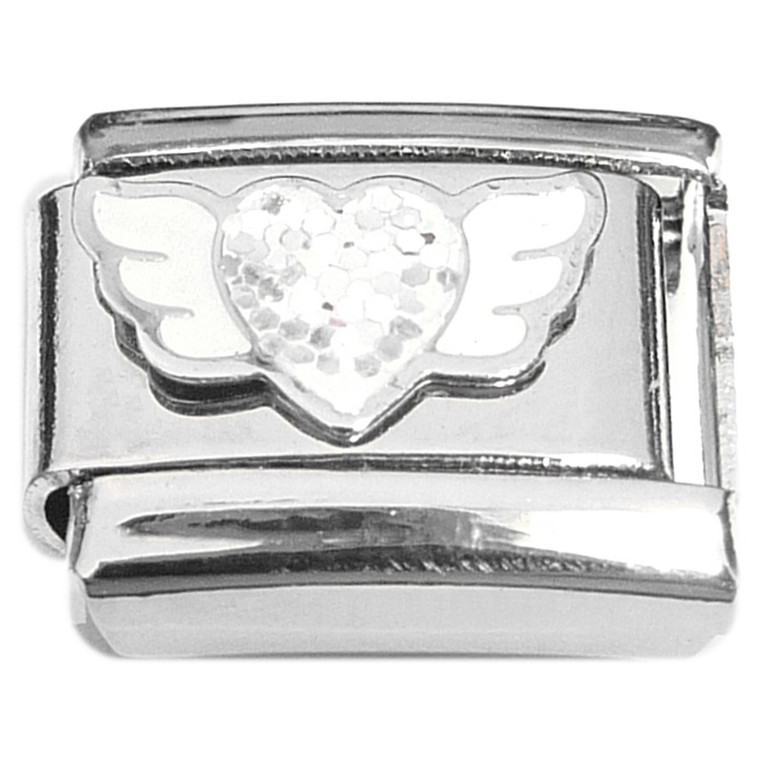 White Glitter Heart Wings Italian Charm