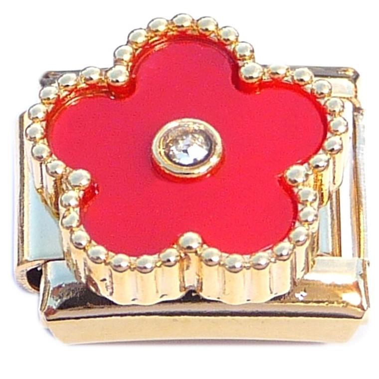 Red Flower Fringed Gold Base Italian Charm