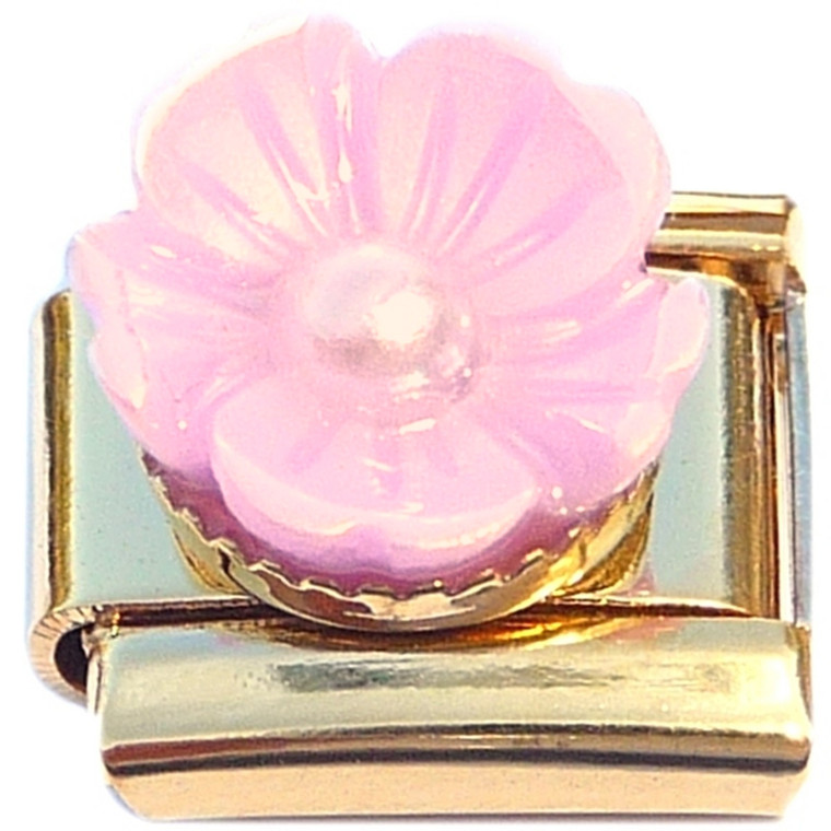 Raised Pearly Pink Flower on Gold Base Italian Charm