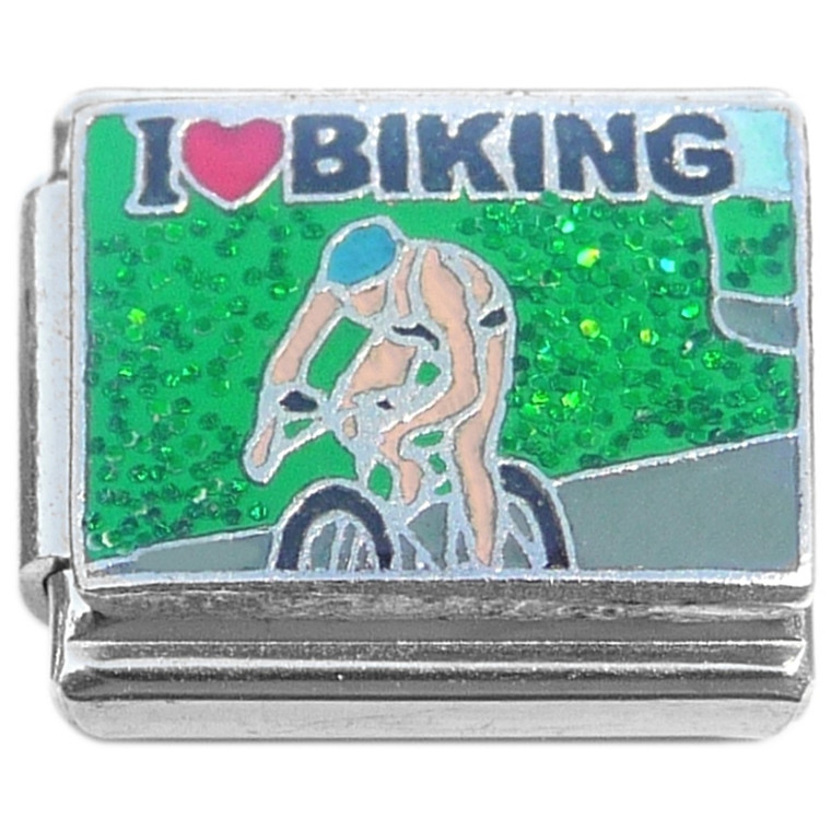 I Love Biking Bike Rider Green Glitter Italian Charm