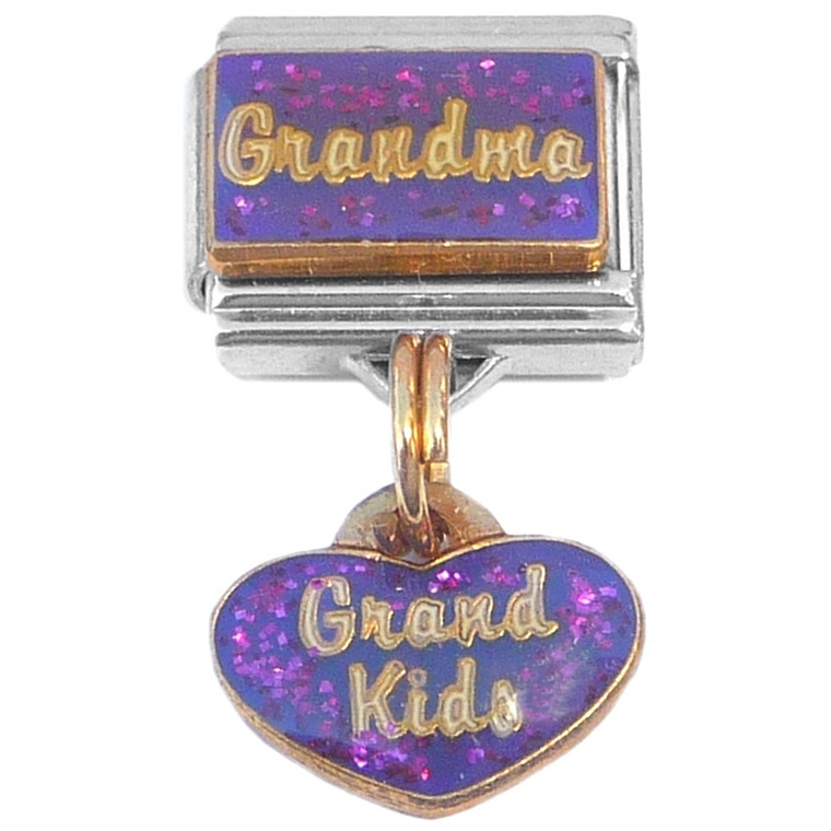 Grandma Grand Kids Grandkids Purple Dangle Italian Charm