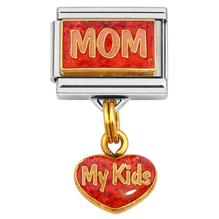 Mom My Kids Red Dangle Italian Charm
