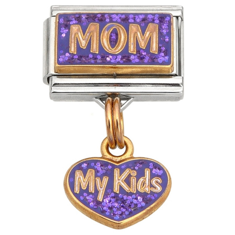 Mom My Kid Purple Dangle Italian Charm