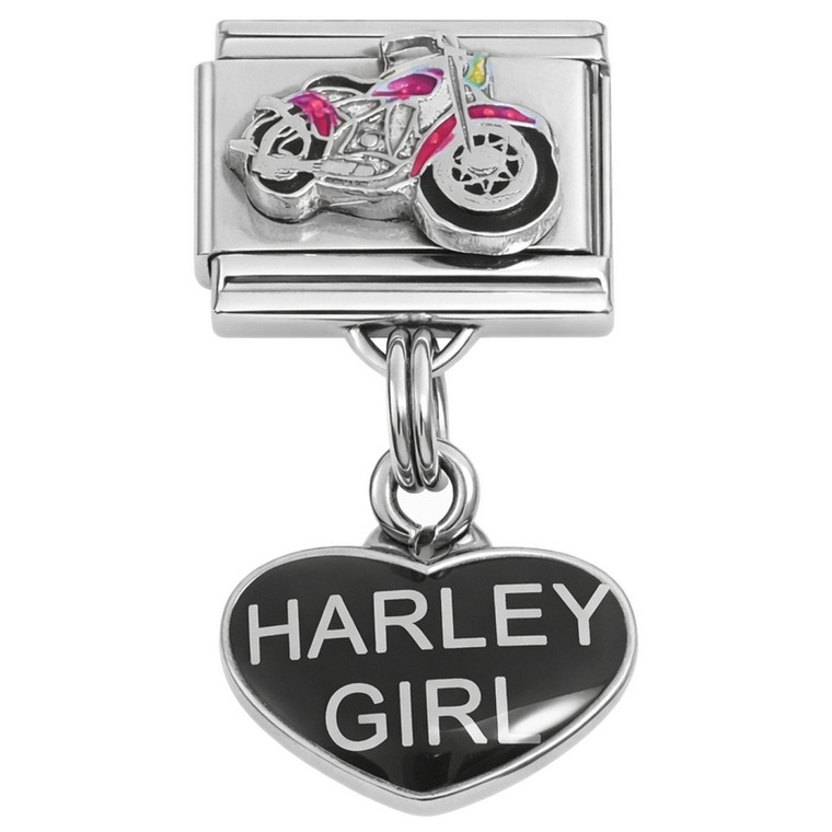 Motorcycle Black Heart Dangle Italian Charm