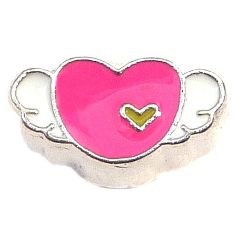 Pink Heart White Wings Floating Locket Charm