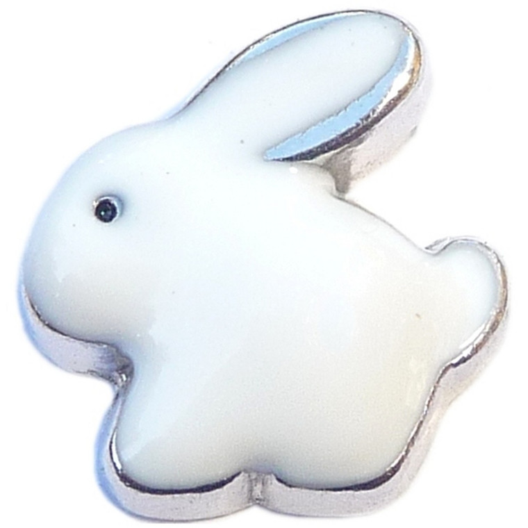 White Bunny Silvertone Trim Floating Locket Charms