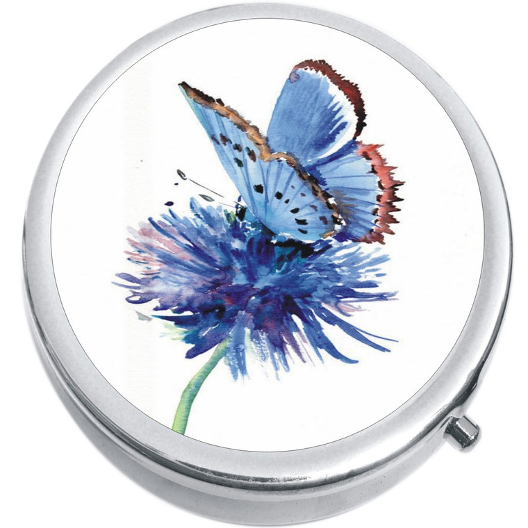 Watercolor Blue Purple Butterfly Flower Medical Pill Box