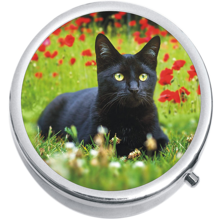 Black Cat and Flowers Medical Pill Box