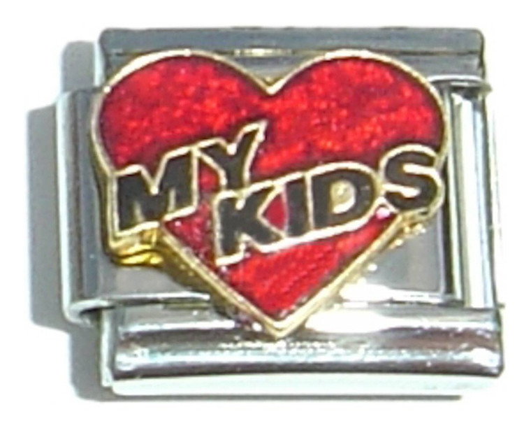 My Kids Red Heart Black Letters Italian Charm