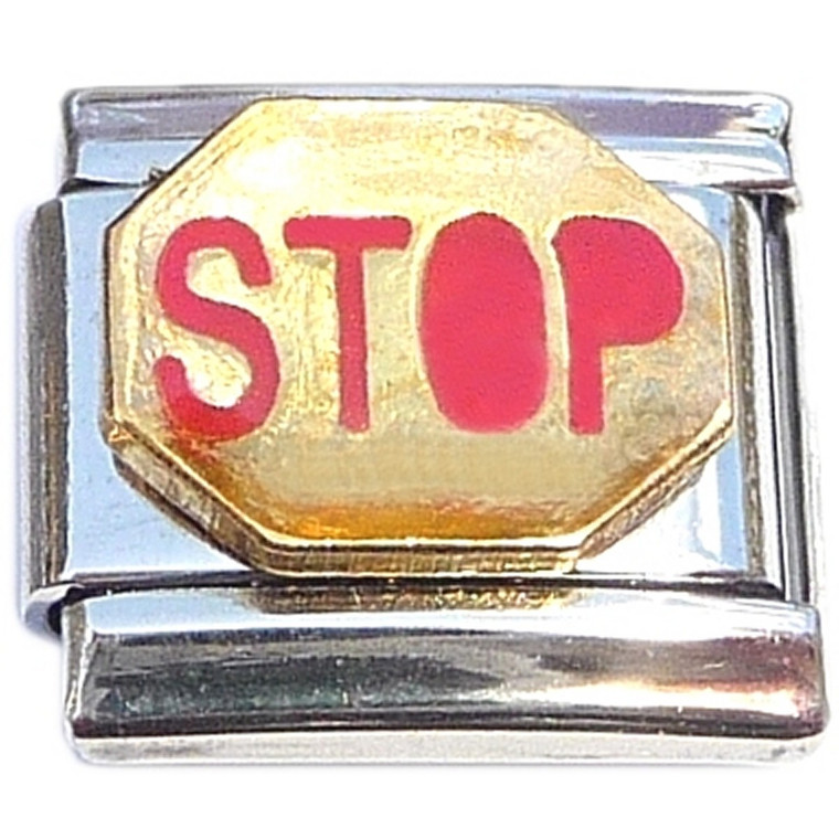 Stop Sign Red Letters Goldtone Italian Charm