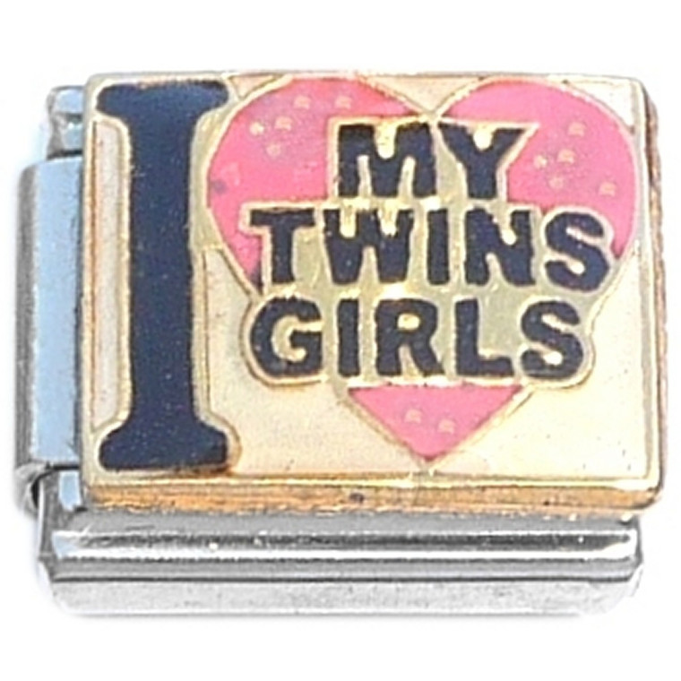 I Love My Twin Girls Pink Heart Italian Charm