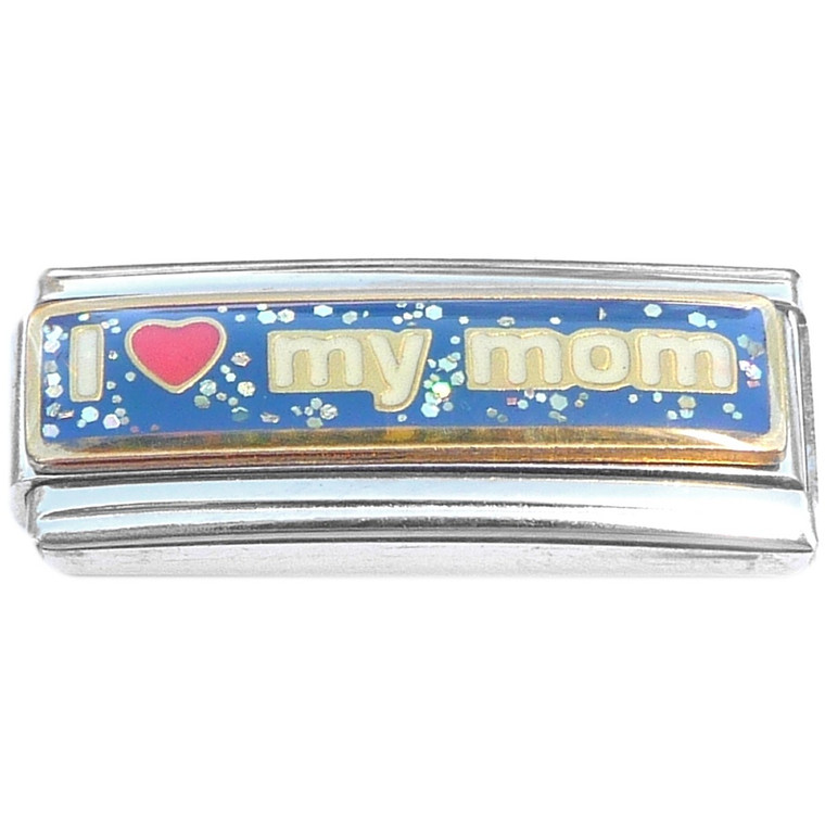 I Love My Mom Blue Glitter Superlink Italian Charm
